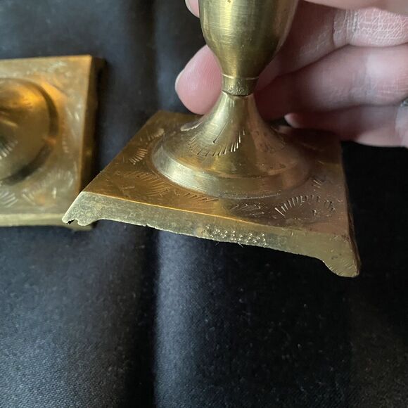 Vintage Mid Century Etched Tapered Candle Holder Set Of 2. Solid Brass. India. - Picture 4 of 7